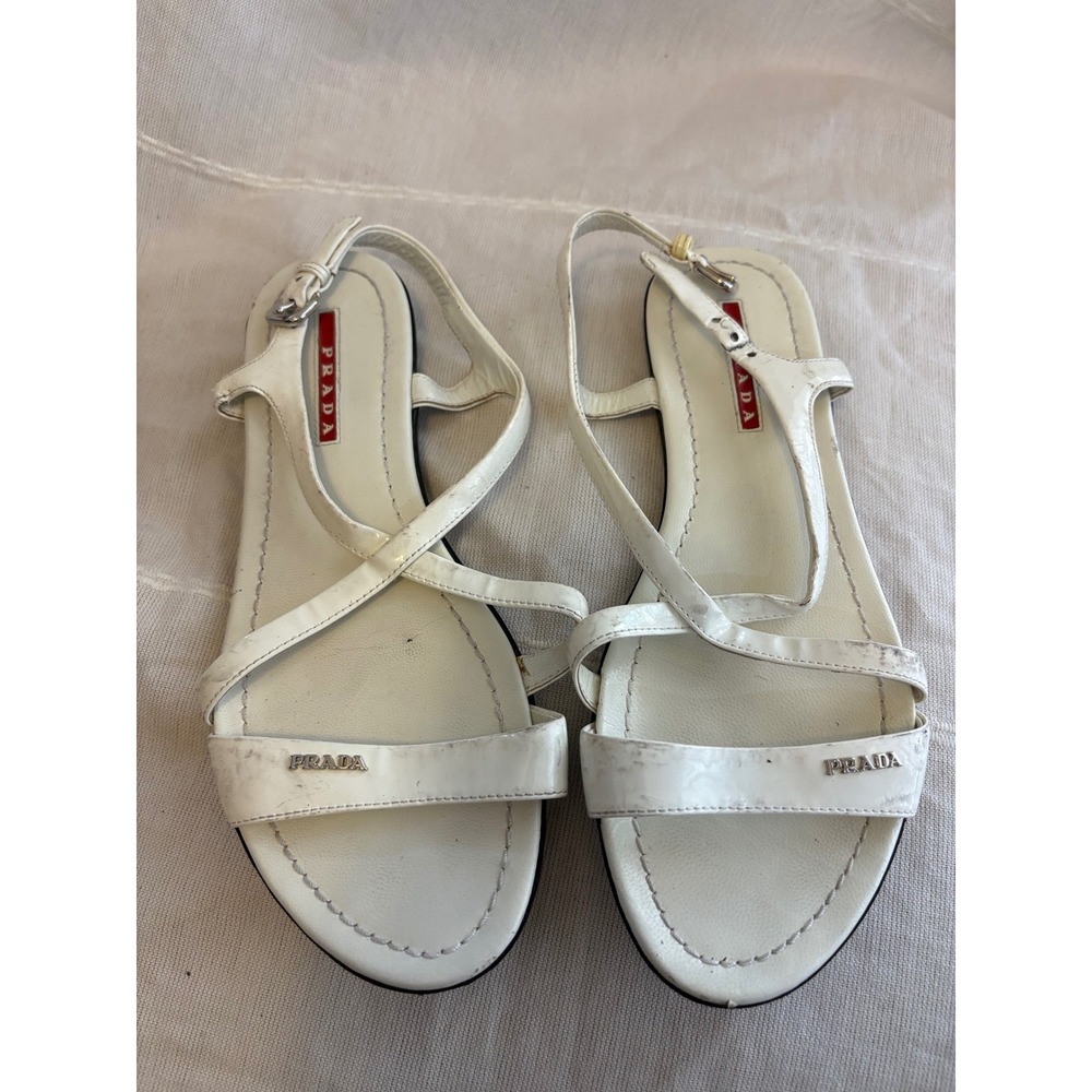 Prada White Patent Leather Strappy Slingback Flat Sandals 3X5844 Womens 37.5